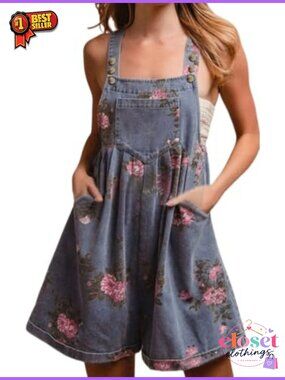 Denim Bib Shorts Overalls Floral Print Wide Leg Sleeveless Romper